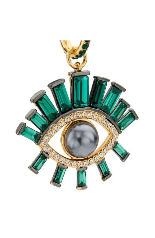 London Faux Pearl Evil Eye Drop Huggie Hoop Earrings In Green