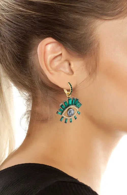 London Faux Pearl Evil Eye Drop Huggie Hoop Earrings In Green