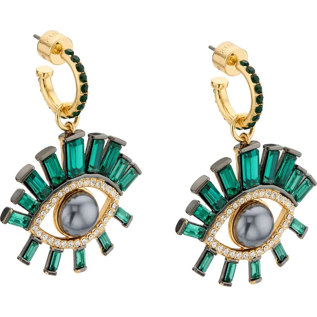 London Faux Pearl Evil Eye Drop Huggie Hoop Earrings In Green